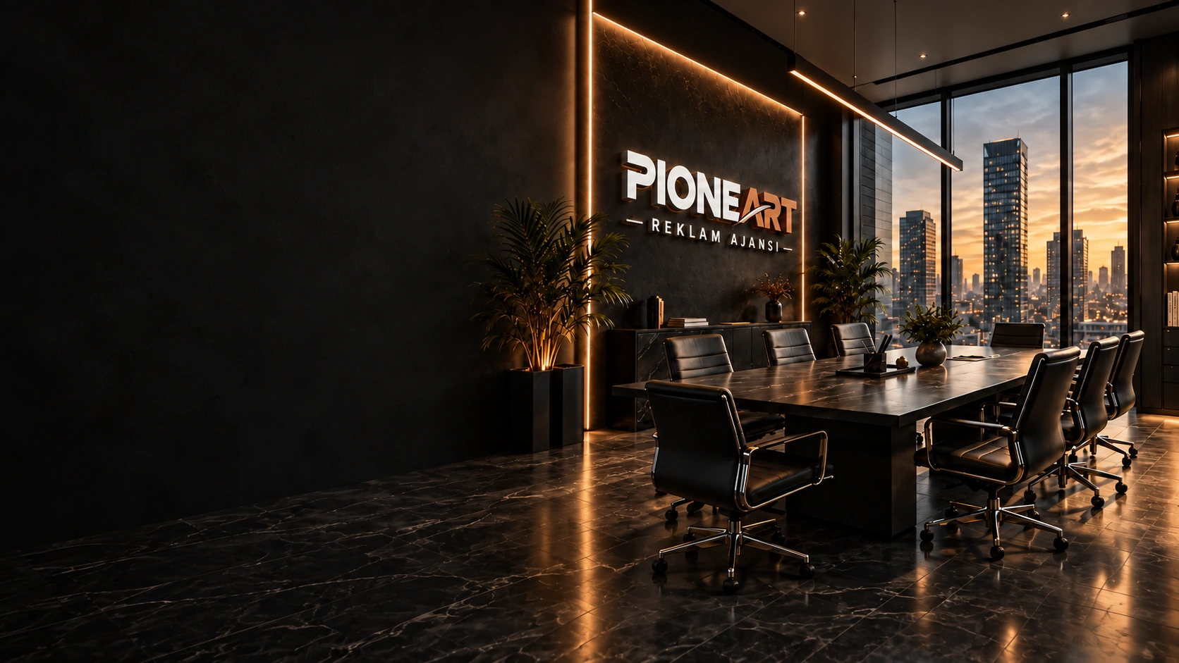 PIONEART logolu toplantı odası tasarımı